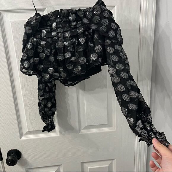 NWT House of Harlow 1960 Burna Blouse in Black Metallic Dot sz S - Picture 8 of 11